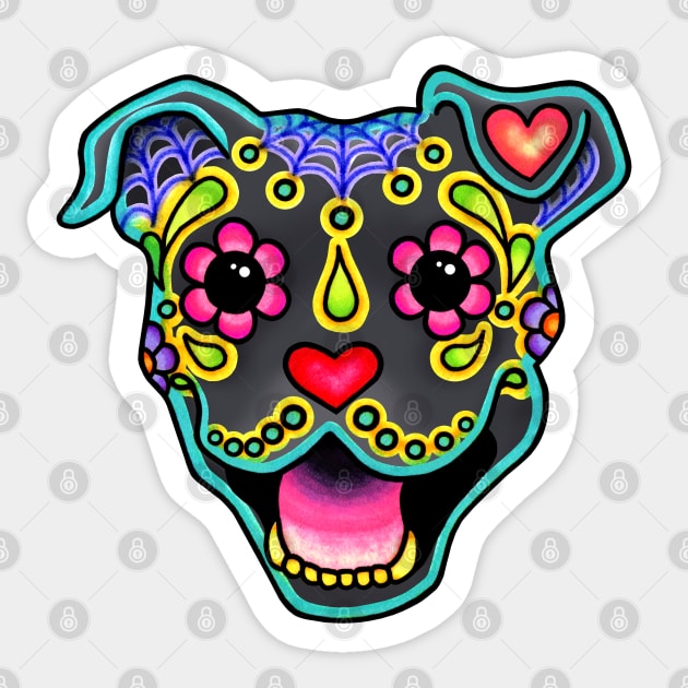 Smiling Pit Bull in Blue - Day of the Dead Pitbull Sugar Skull Dog Sticker by prettyinink